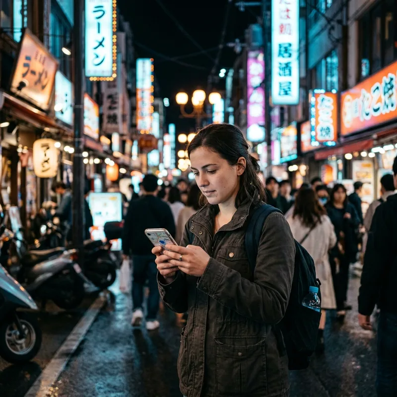 Phone showing an eSIM app on a night street in Asia