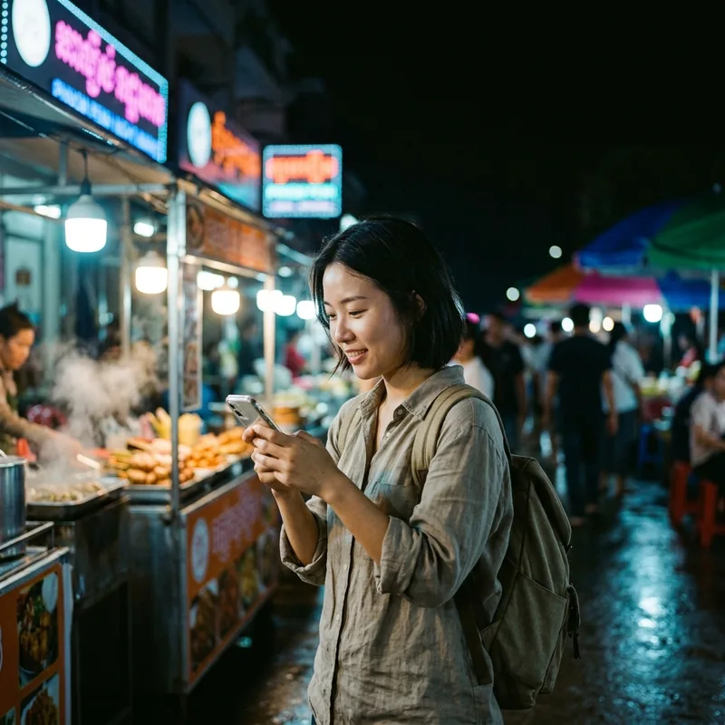 Traveler at a Phnom Penh riverside night market holding a phone