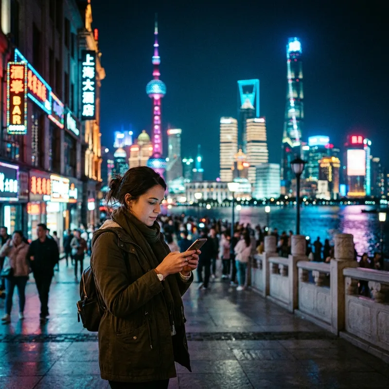 Traveler using a phone on a neon-lit Shanghai street at night