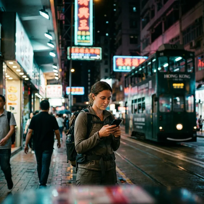 Traveler on a Hong Kong street at night under neon signs