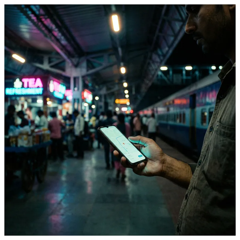 Phone showing a map on an Indian railway platform at night