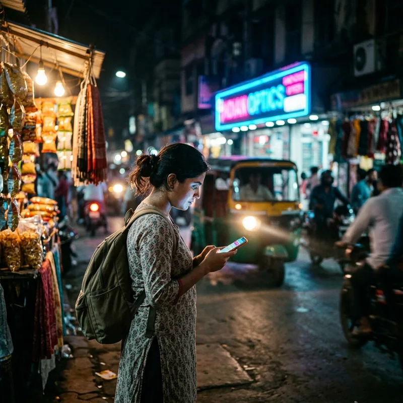 Traveler on a busy Indian street at night holding a phone