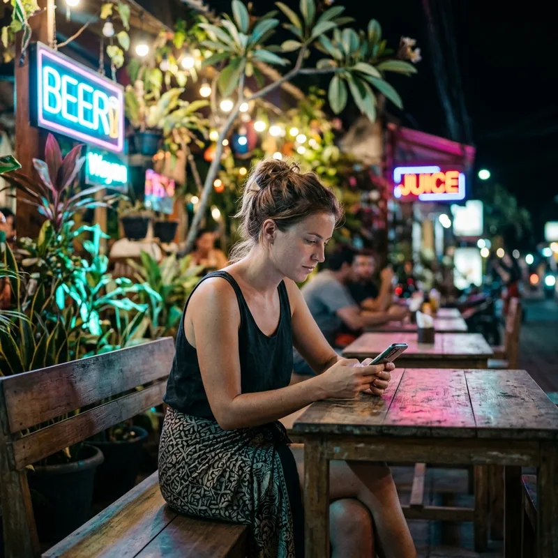 Traveler using a phone at a lit warung in Bali after dark
