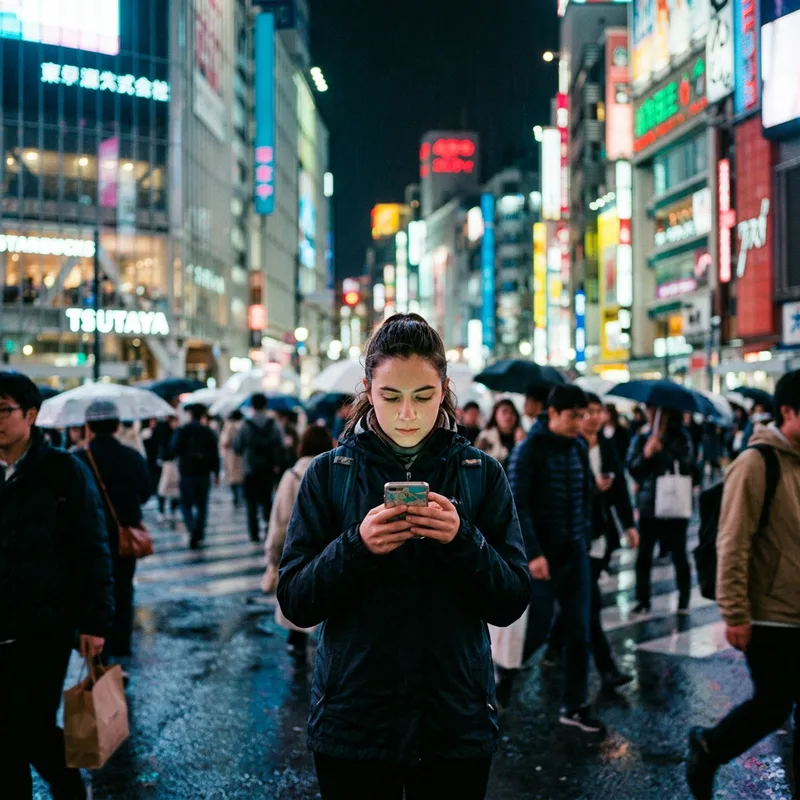 Traveler checking a phone on a Tokyo street at night