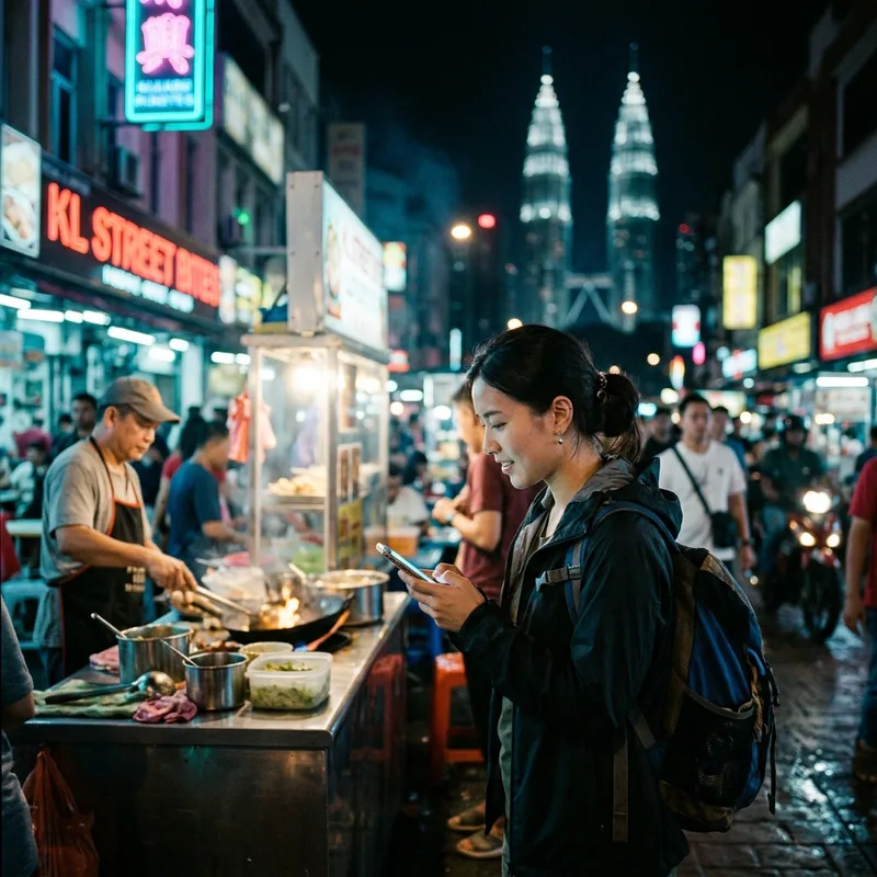 Traveler on a phone at a lit street food stall in Kuala Lumpur