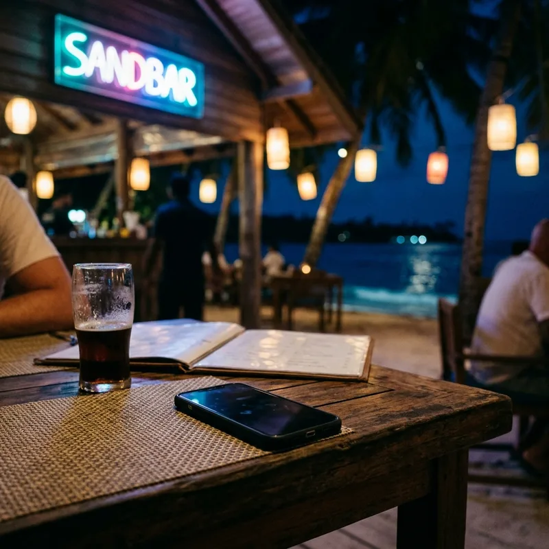 Phone on a table at a beachside restaurant at night in the Maldives