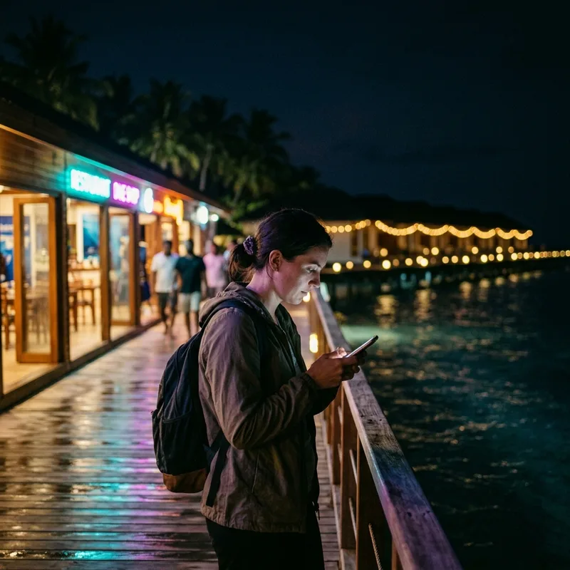 Traveler on a jetty over water at night in the Maldives holding a phone