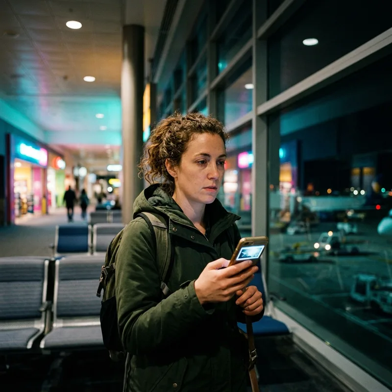 Phone showing a boarding pass at a night airport gate