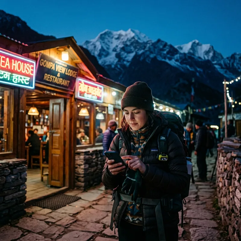 Trekker outside a teahouse in the Nepali mountains at dusk holding a phone