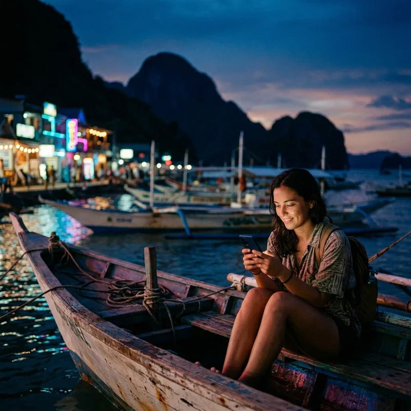 Phone showing a messaging app on a boat at dusk in the Philippines