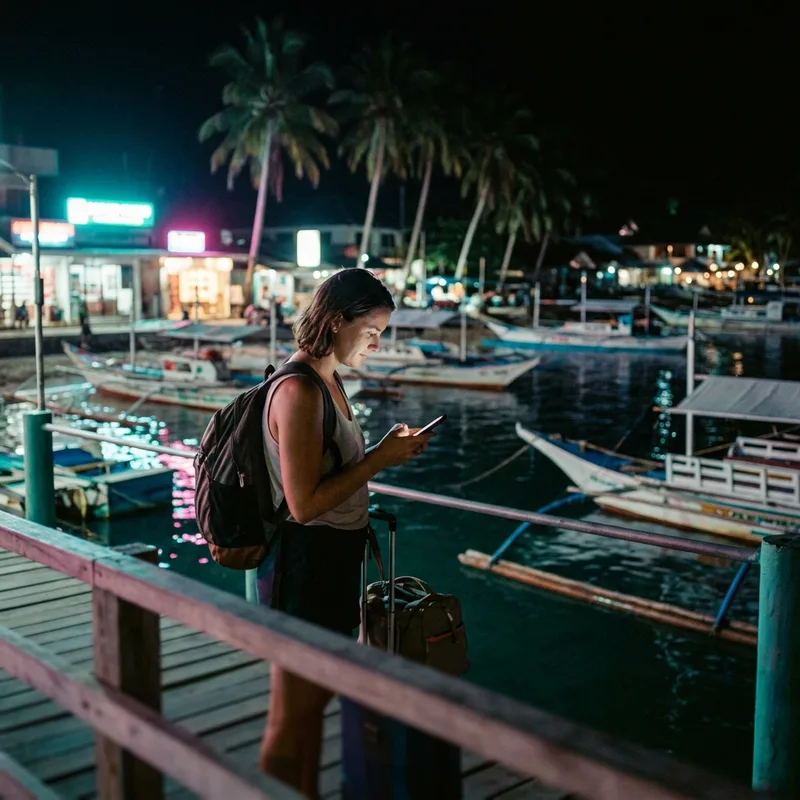 Traveler on a phone at a lit harbour in the Philippines at night
