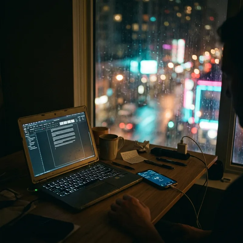 Laptop tethered to a phone at a desk at night