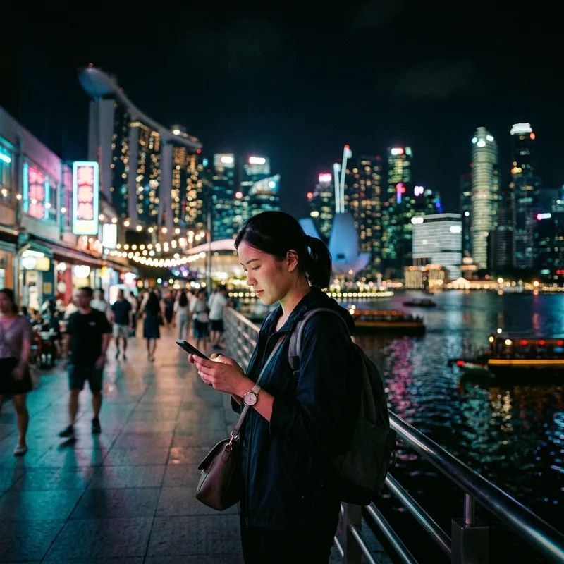 Traveler with a phone by the Singapore waterfront at night