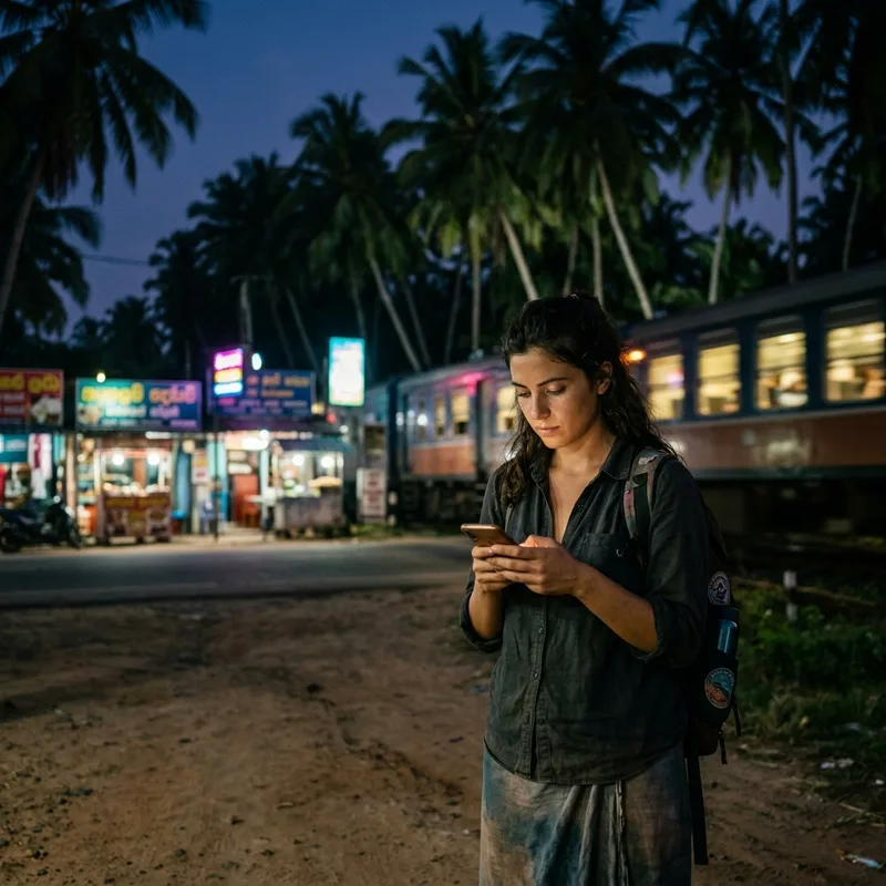 Traveler on a Sri Lankan coastal road at dusk holding a phone