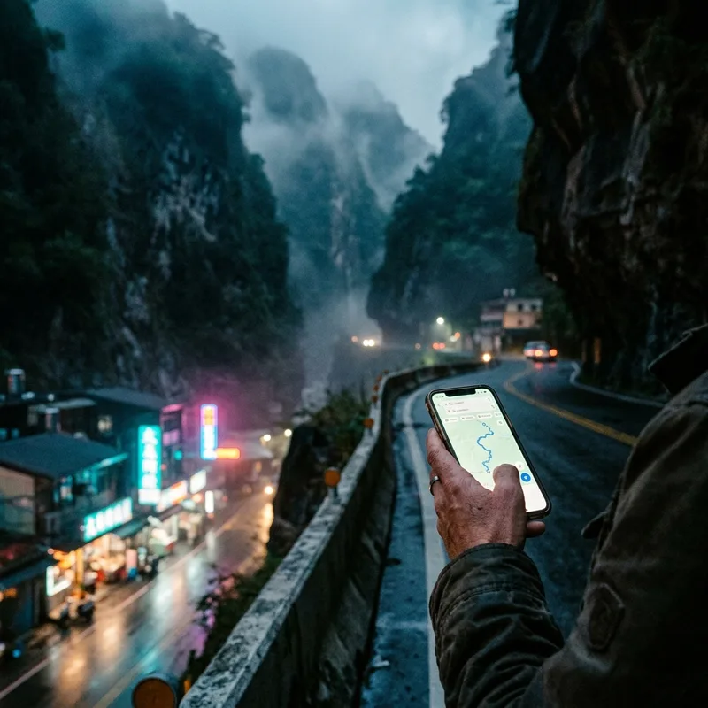 Phone with a map on a mountain road in Taiwan at dusk