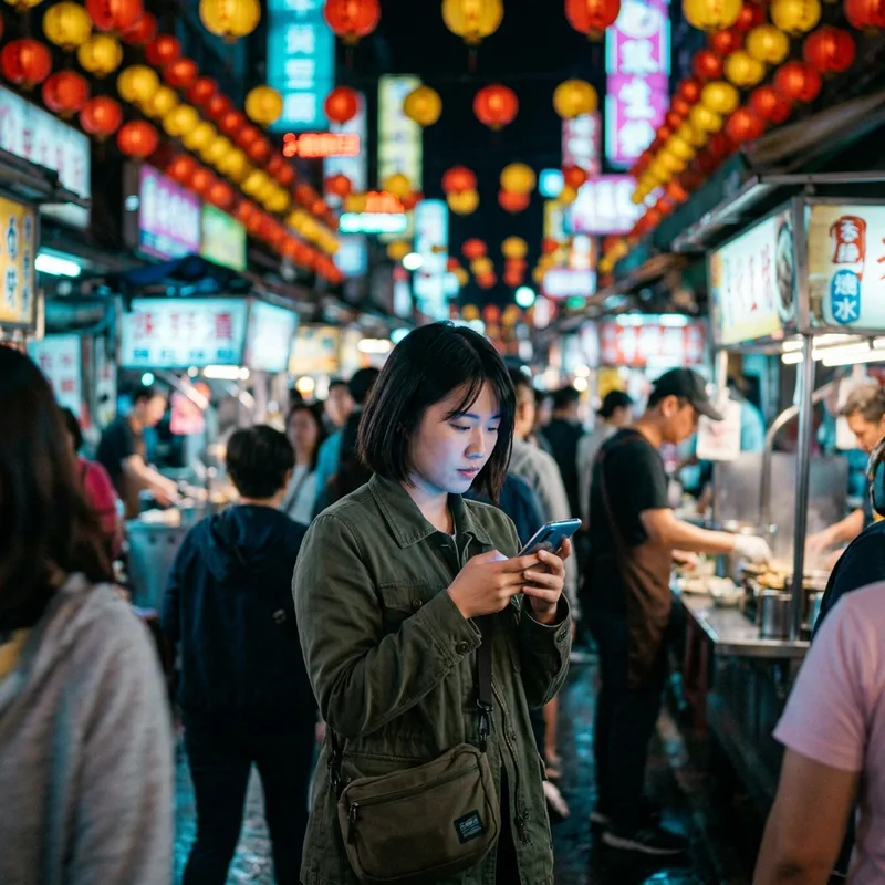 Traveler with a phone at a lit Taipei night market
