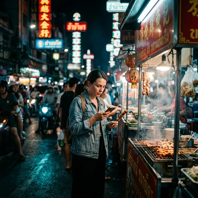 Traveler on a phone at a Bangkok night market stall